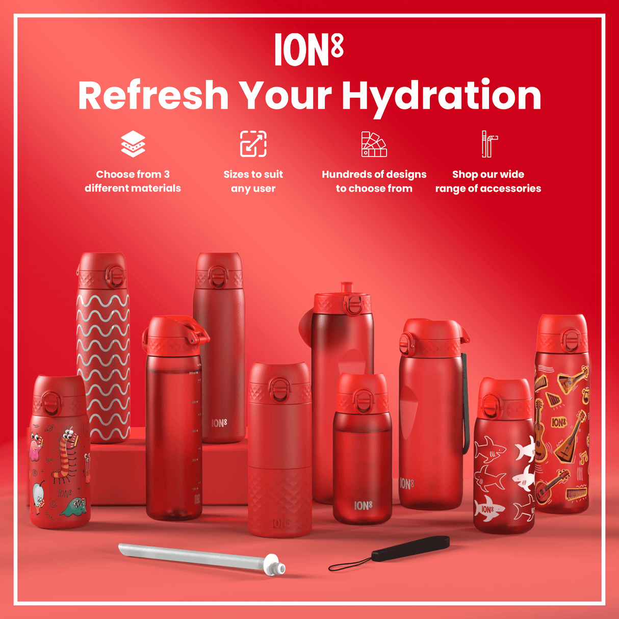 ION8 Steel Slim Leak Proof Water Bottle, Red, 600ml