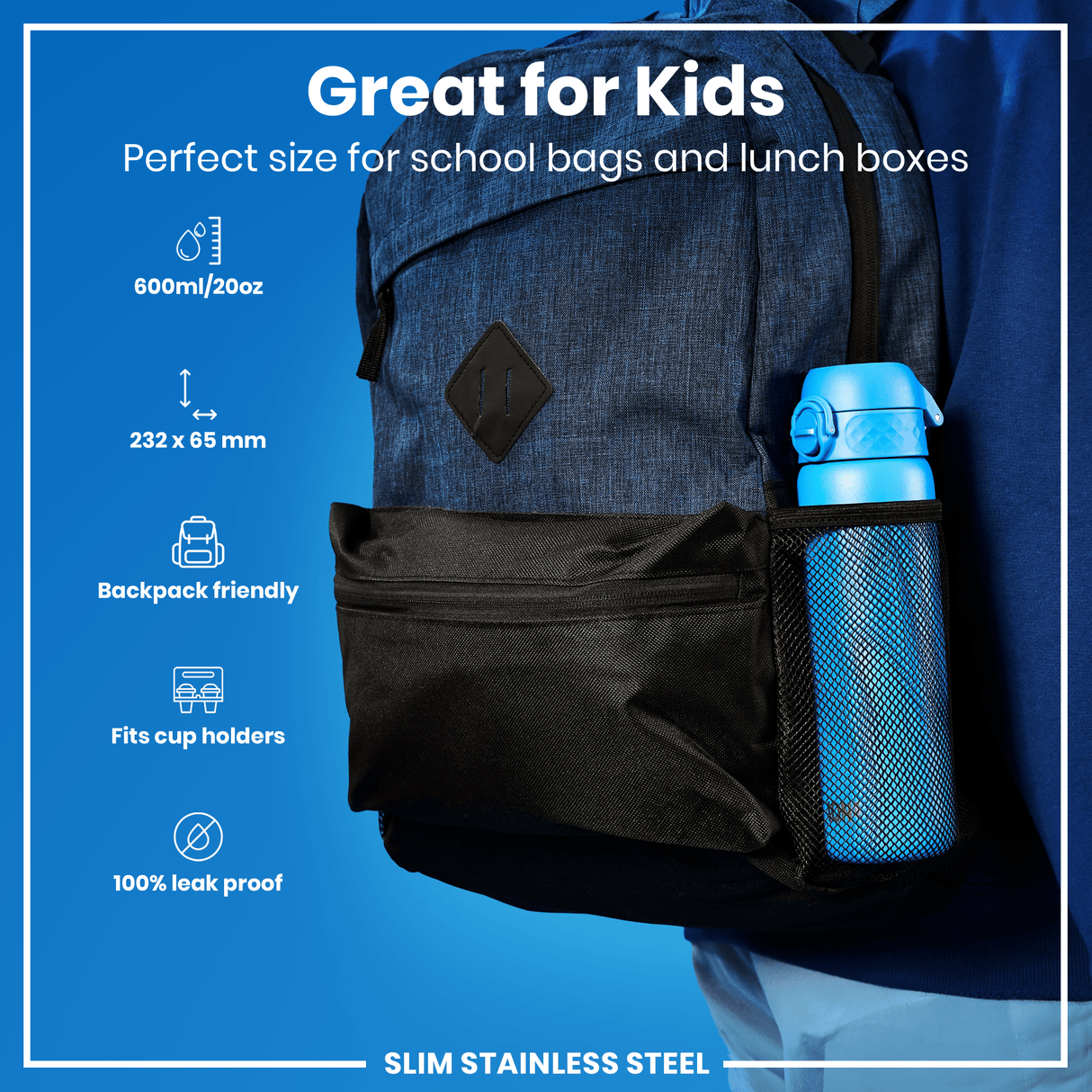 ION8 Steel Slim Leak Proof Water Bottle, Blue, 600ml