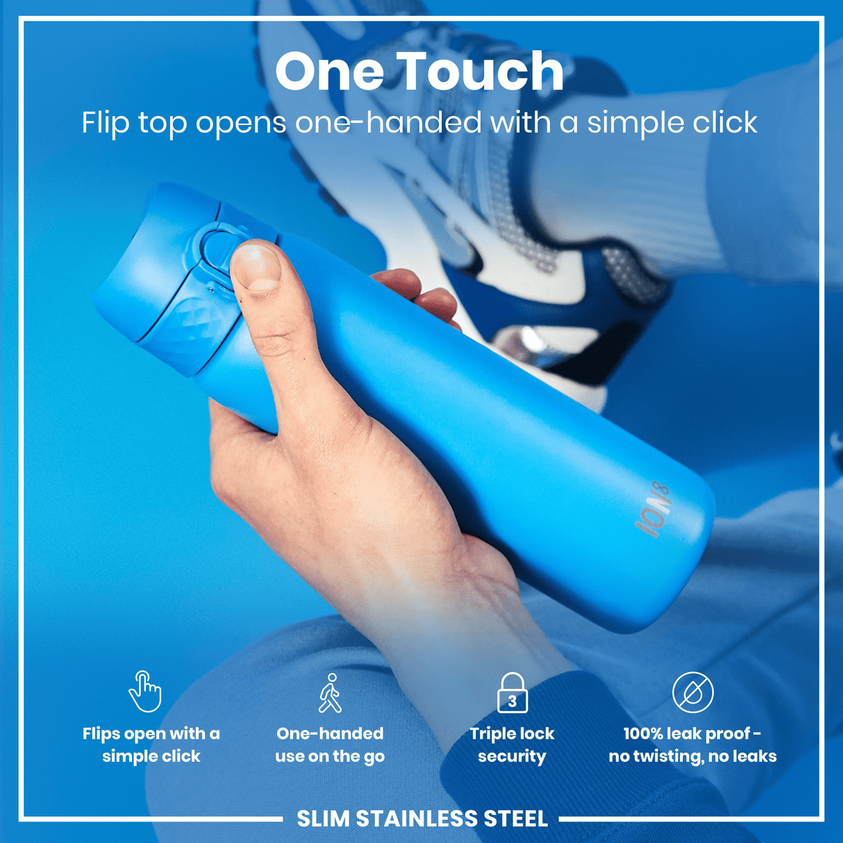 ION8 Steel Slim Leak Proof Water Bottle, Blue, 600ml