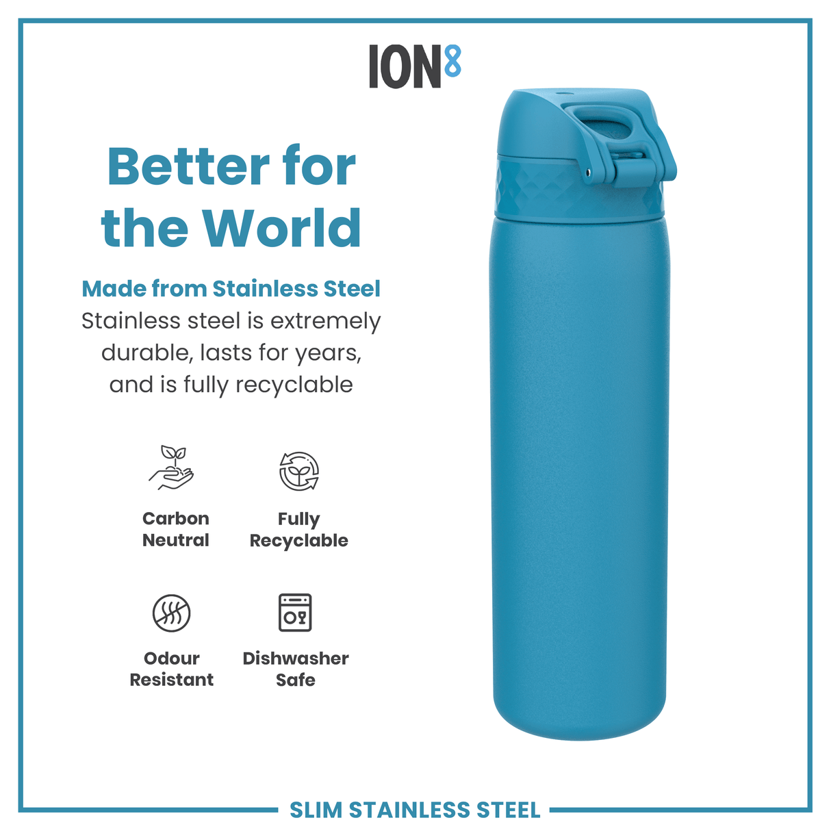 ION8 Steel Slim Leak Proof Water Bottle, Blue, 600ml