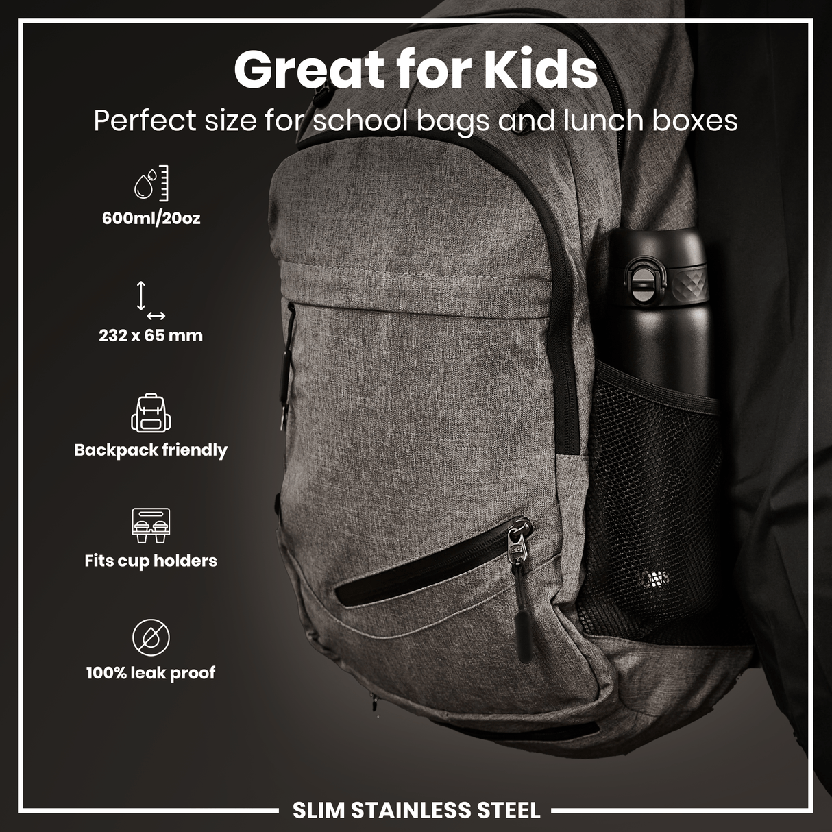 ION8 Leak Proof Slim Water Bottle, Stainless Steel, Black, 600ml