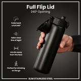 ION8 Leak Proof Slim Water Bottle, Stainless Steel, Black, 600ml