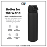 ION8 Leak Proof Slim Water Bottle, Stainless Steel, Black, 600ml