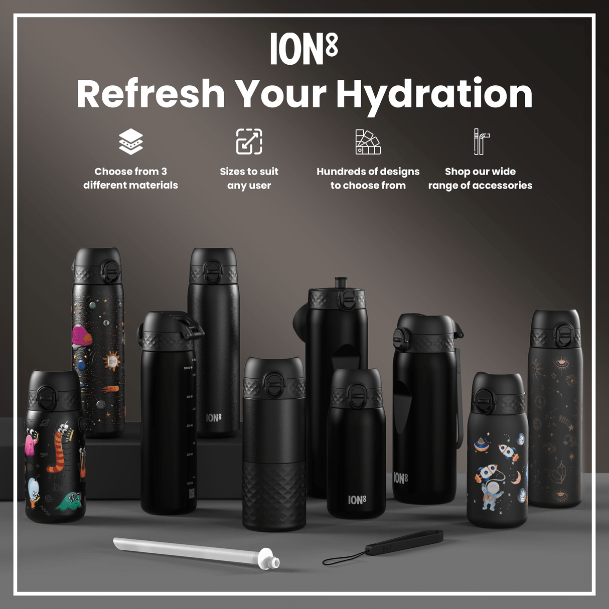 ION8 Leak Proof Slim Water Bottle, Stainless Steel, Black, 600ml