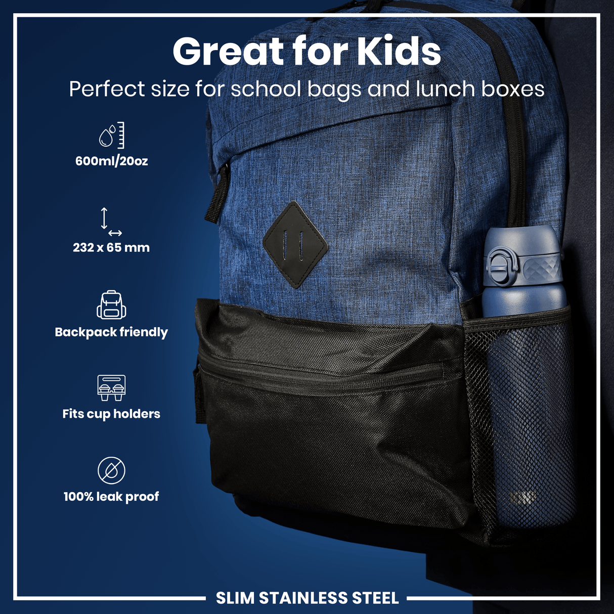 ION8 Steel Slim Leak Proof Water Bottle, Ash Navy, 600ml