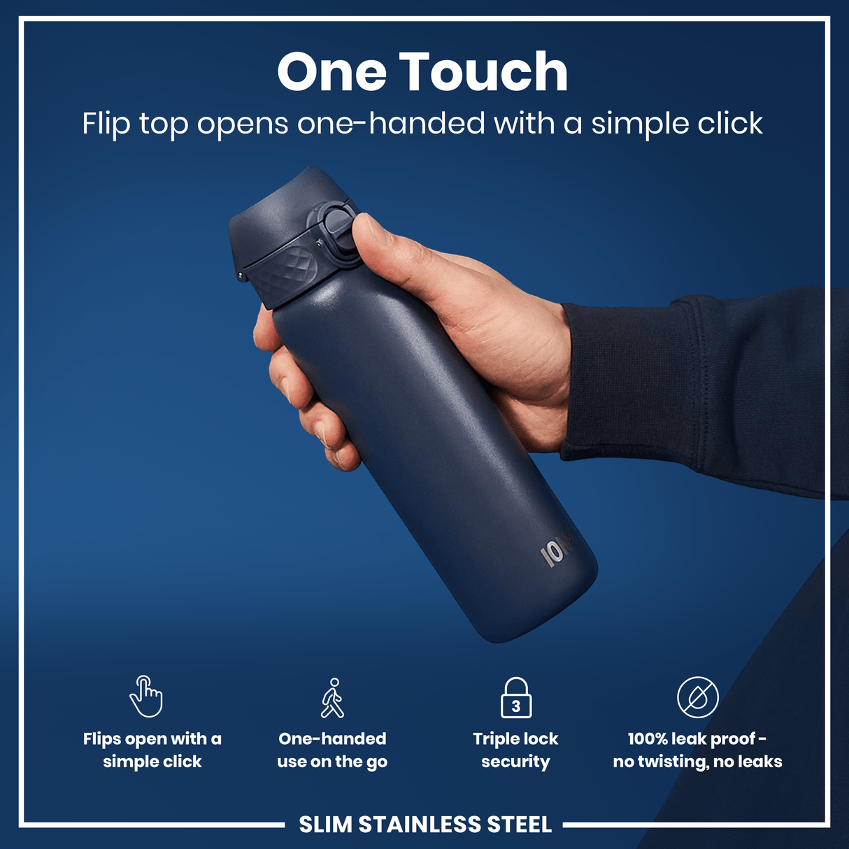 ION8 Steel Slim Leak Proof Water Bottle, Ash Navy, 600ml