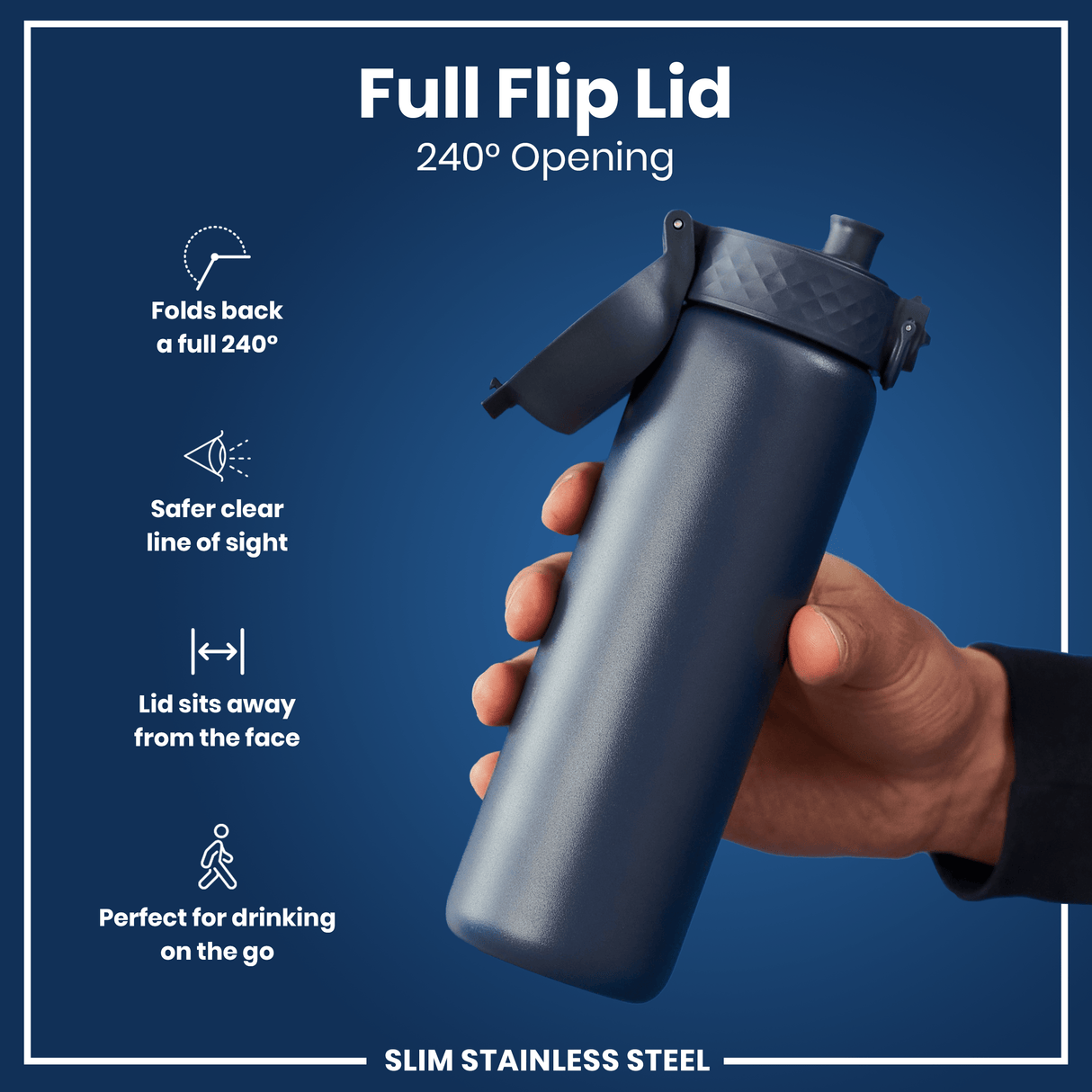 ION8 Steel Slim Leak Proof Water Bottle, Ash Navy, 600ml