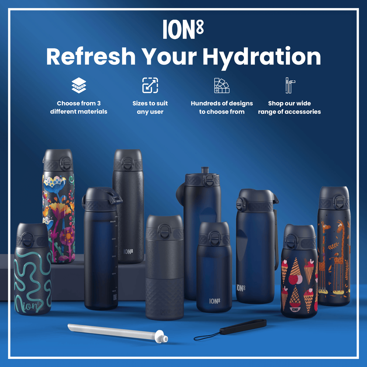 ION8 Steel Slim Leak Proof Water Bottle, Ash Navy, 600ml