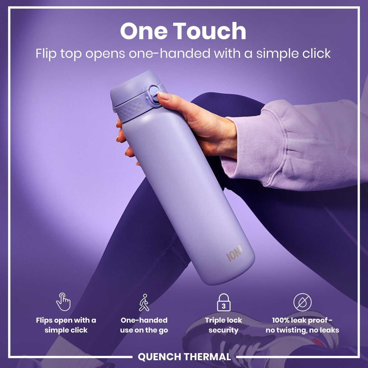 ION8 Leak Proof 1 Litre Thermal Water Bottle, Insulated Steel, Light Purple, 1L