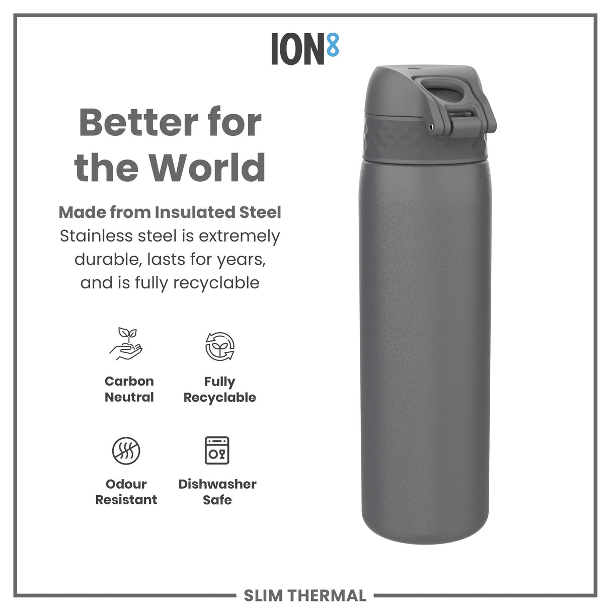 ION8 Leak Proof Slim Thermal Water Bottle, Insulated Steel, Grey, 500ml
