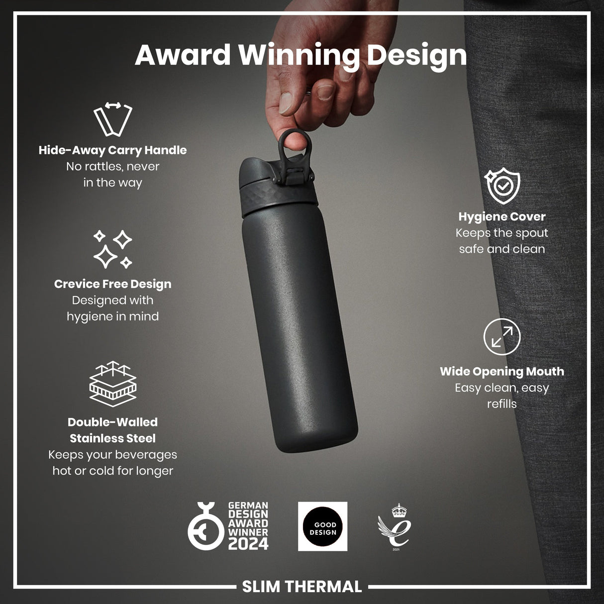 ION8 Leak Proof Slim Thermal Water Bottle, Insulated Steel, Grey, 500ml