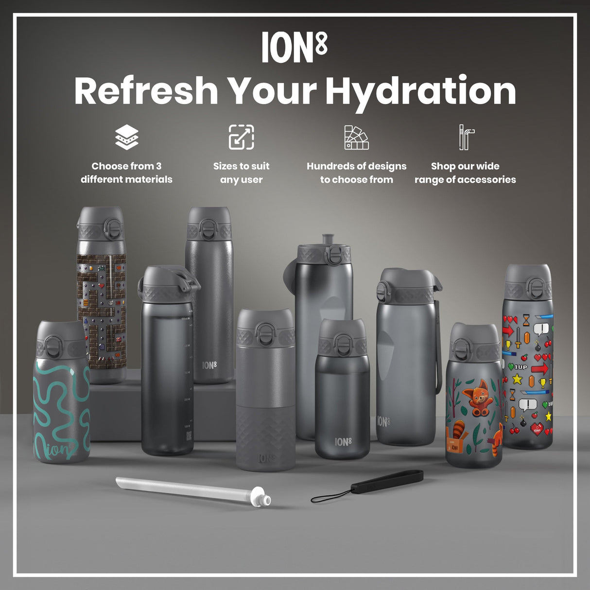 ION8 Leak Proof Slim Thermal Water Bottle, Insulated Steel, Grey, 500ml
