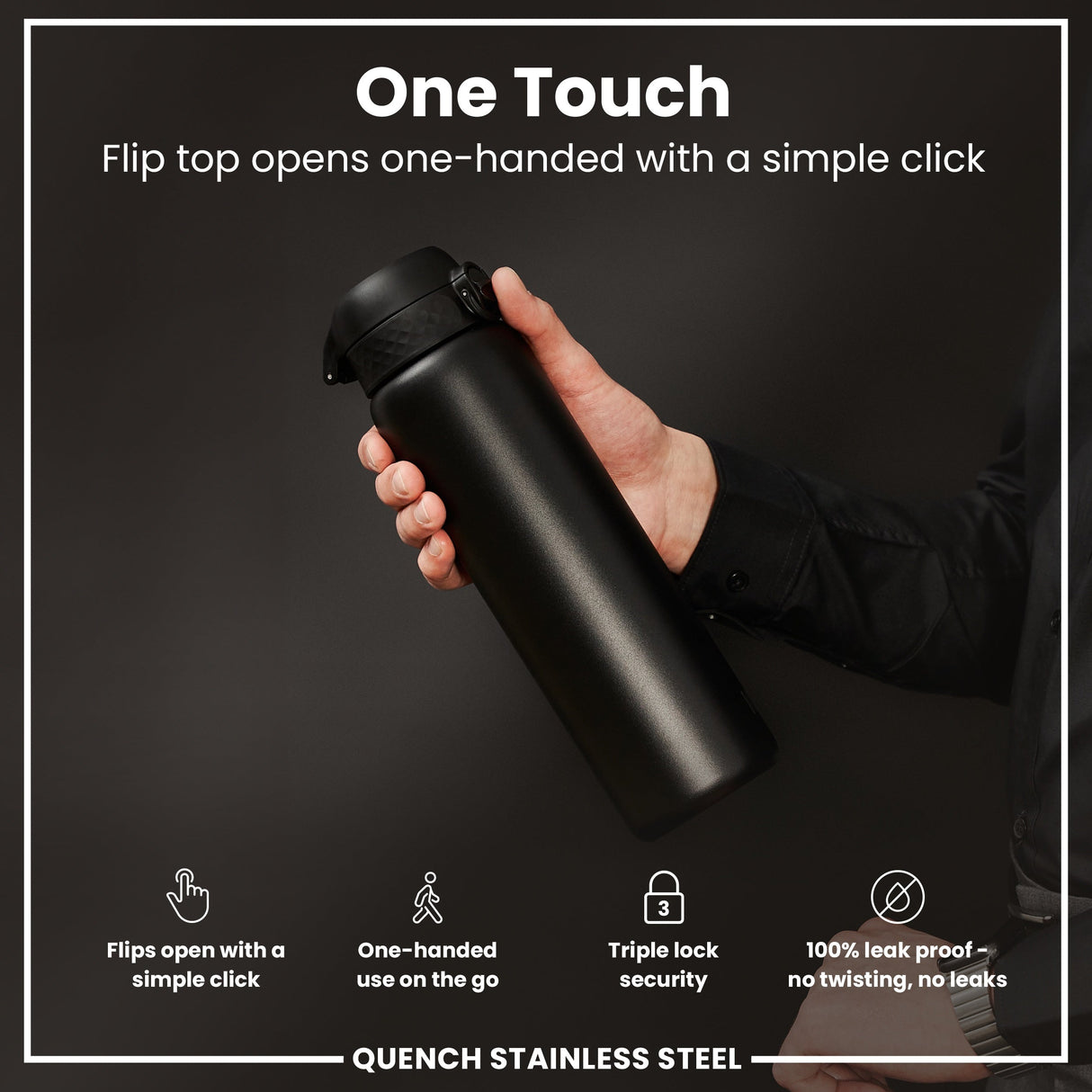 ION8 Leak Proof 1 Litre Water Bottle, Stainless Steel, Black, 1L