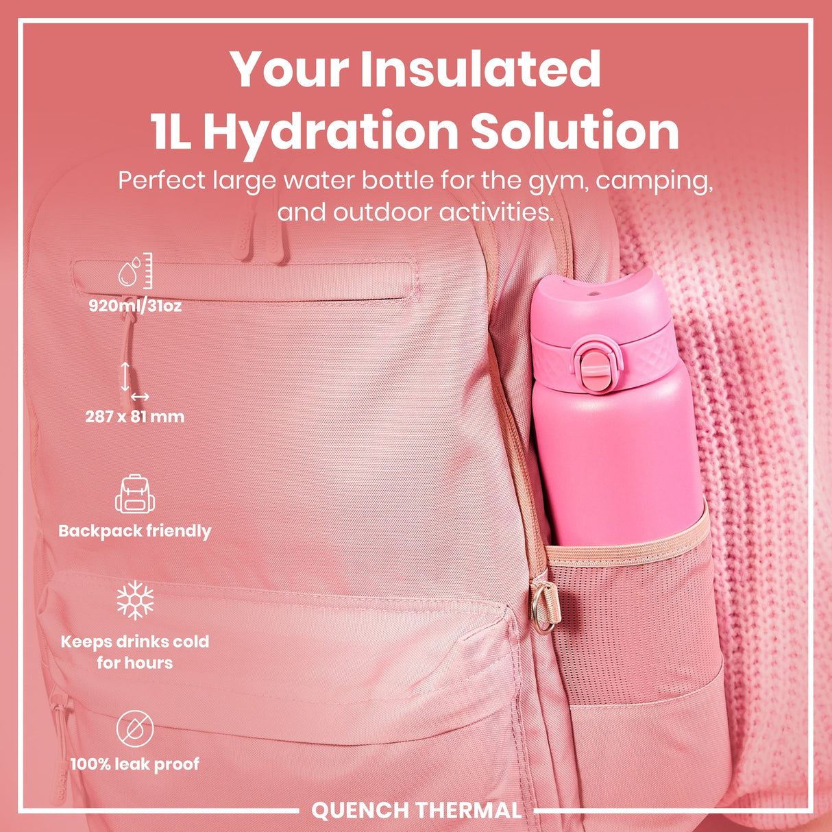 ION8 Leak Proof 1 Litre Thermal Water Bottle, Insulated Steel, Rose Bloom, 1L