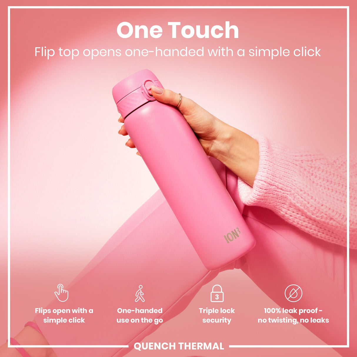 ION8 Leak Proof 1 Litre Thermal Water Bottle, Insulated Steel, Rose Bloom, 1L