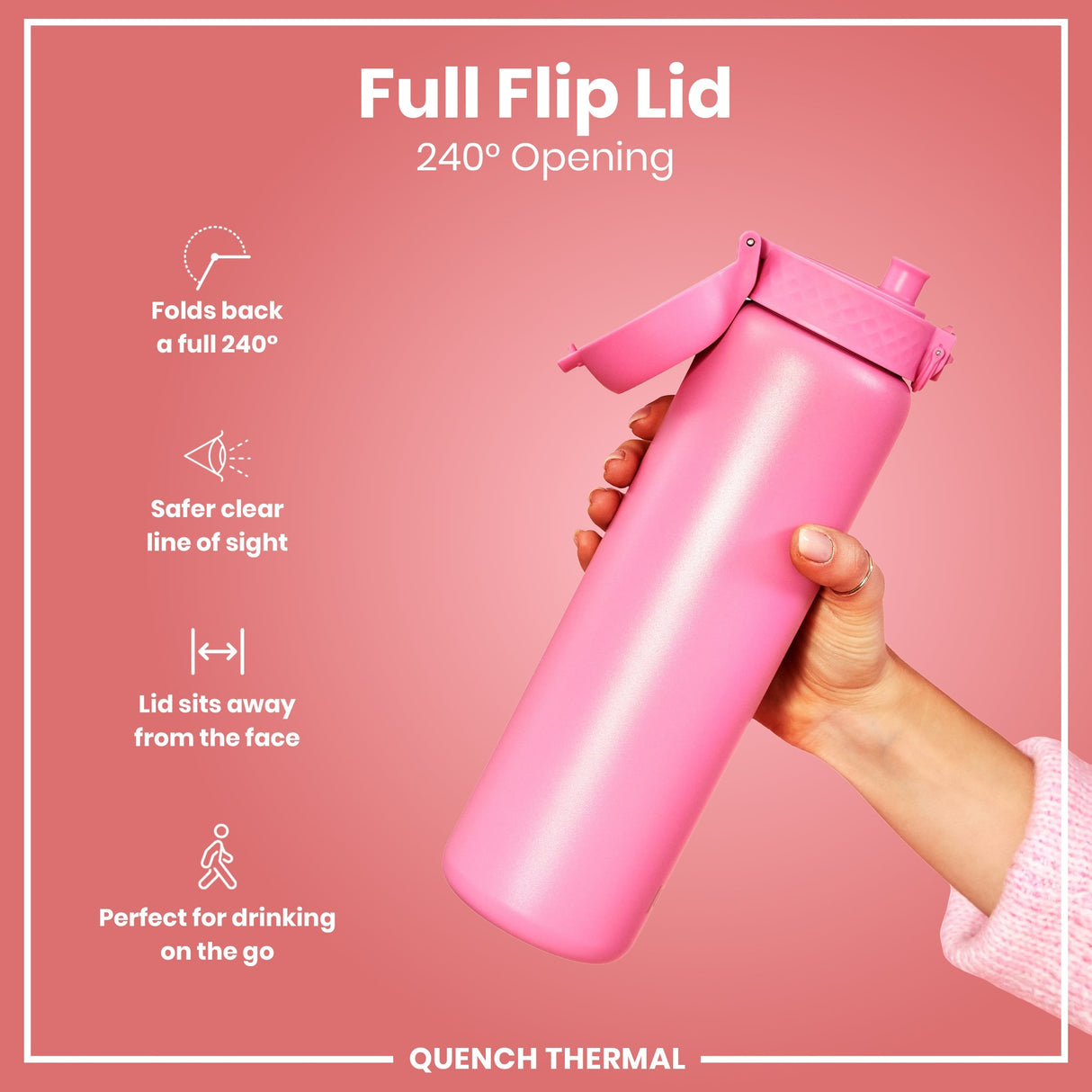 ION8 Leak Proof 1 Litre Thermal Water Bottle, Insulated Steel, Rose Bloom, 1L
