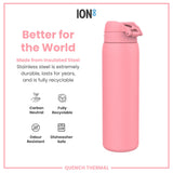 ION8 Leak Proof 1 Litre Thermal Water Bottle, Insulated Steel, Rose Bloom, 1L