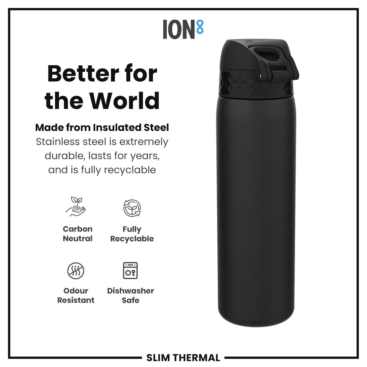 ION8 Leak Proof Slim Thermal Water Bottle, Insulated Steel, Black, 500ml