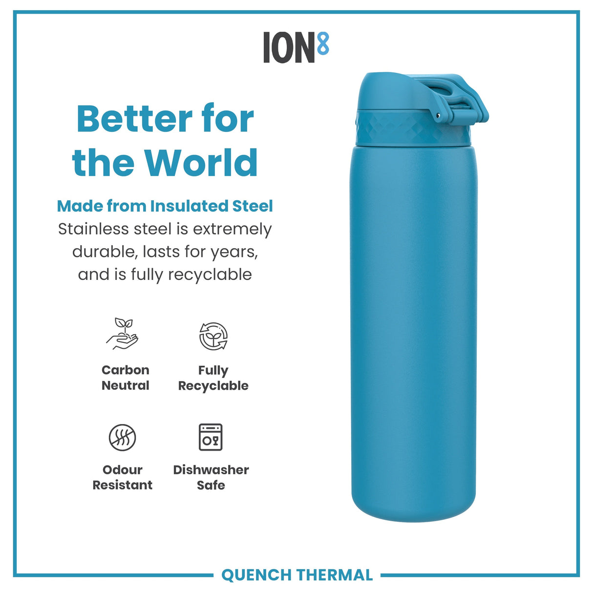 ION8 Leak Proof 1 Litre Thermal Water Bottle, Insulated Steel, Blue, 1L