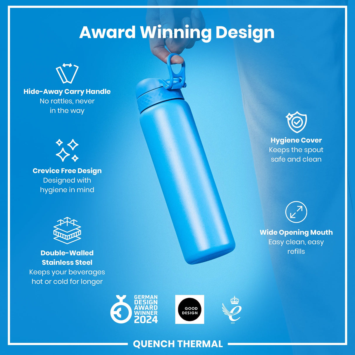 ION8 Leak Proof 1 Litre Thermal Water Bottle, Insulated Steel, Blue, 1L