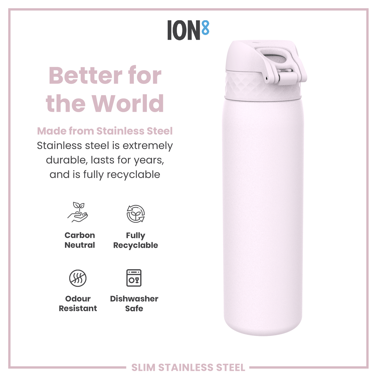 ION8 Steel Slim Leak Proof Water Bottle, Lilac Dusk, 600ml