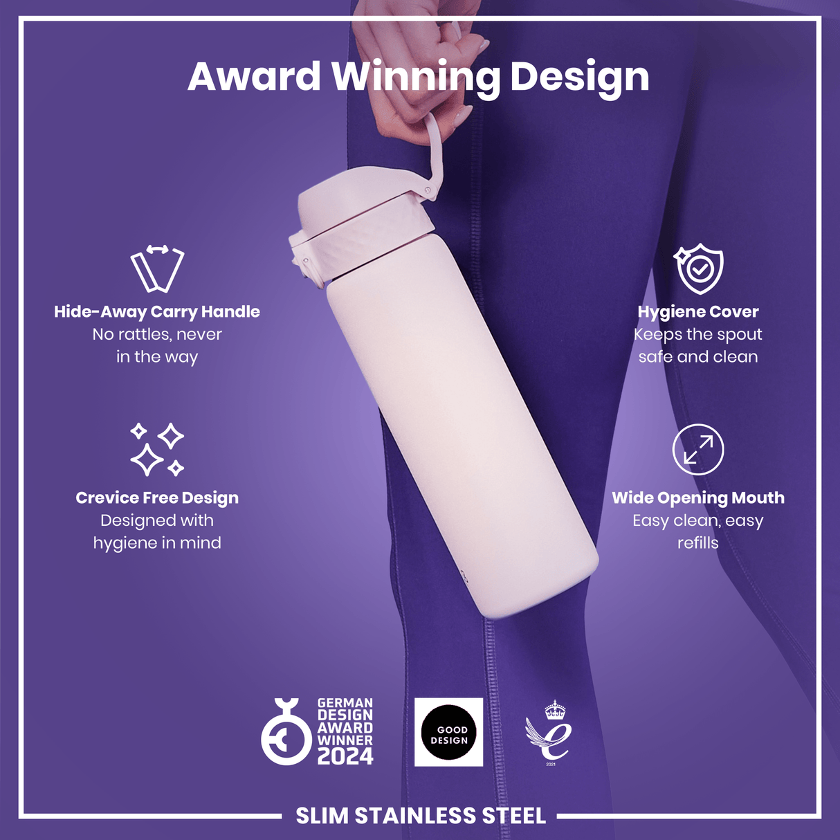ION8 Steel Slim Leak Proof Water Bottle, Lilac Dusk, 600ml