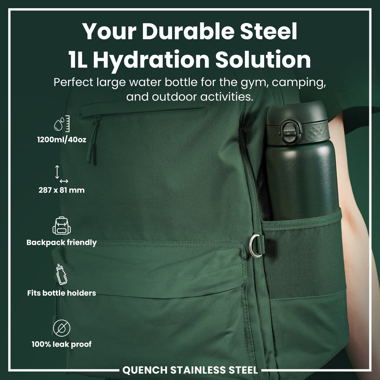 ION8 Leak Proof 1 Litre Water Bottle, Stainless Steel, Dark Green, 1L