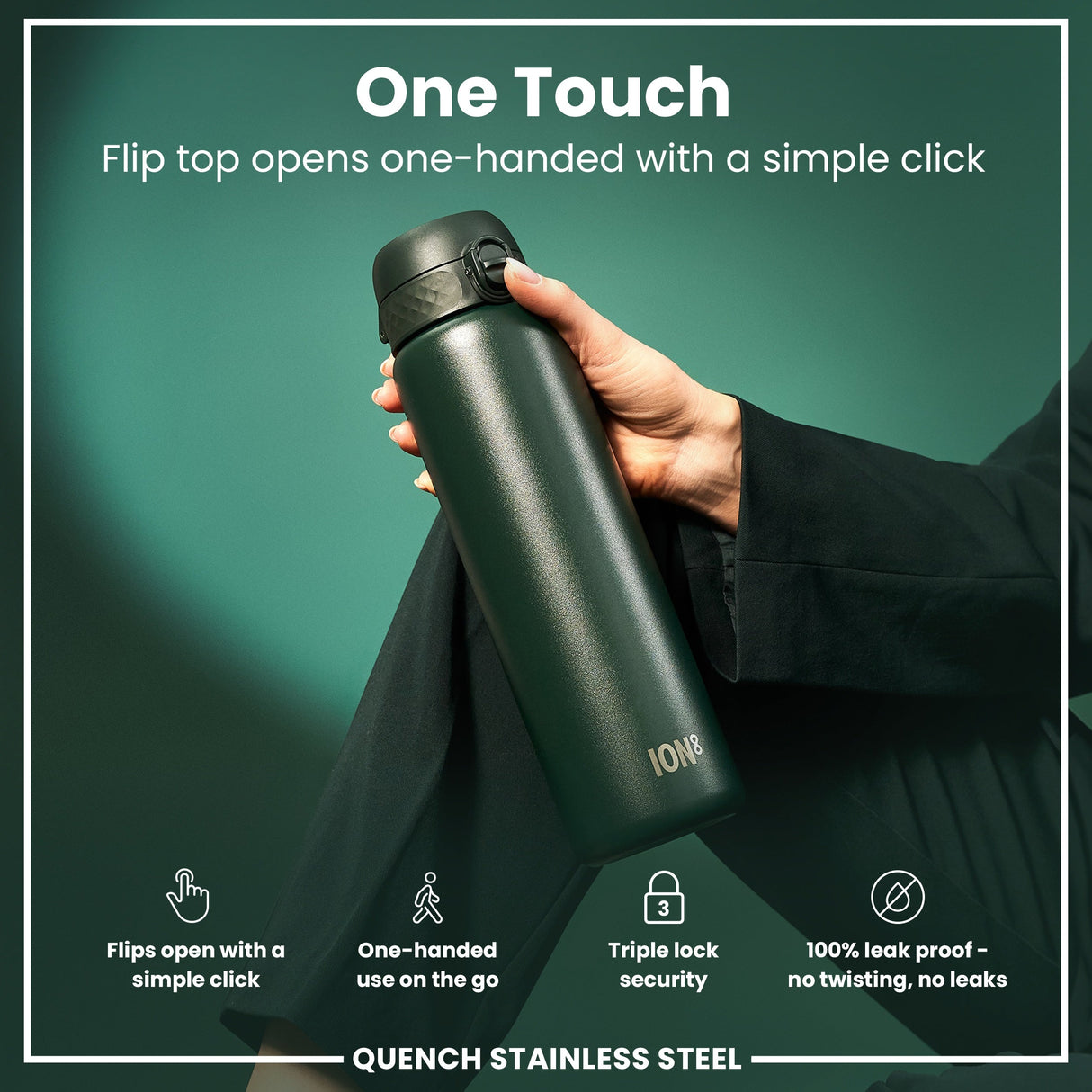 ION8 Leak Proof 1 Litre Water Bottle, Stainless Steel, Dark Green, 1L