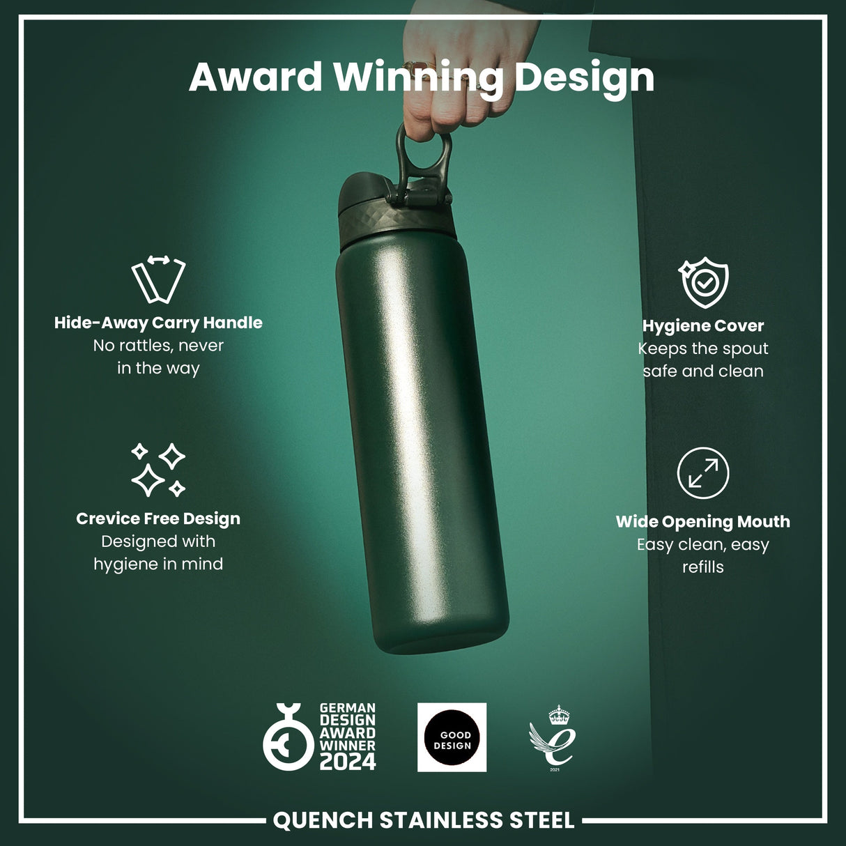 ION8 Leak Proof 1 Litre Water Bottle, Stainless Steel, Dark Green, 1L