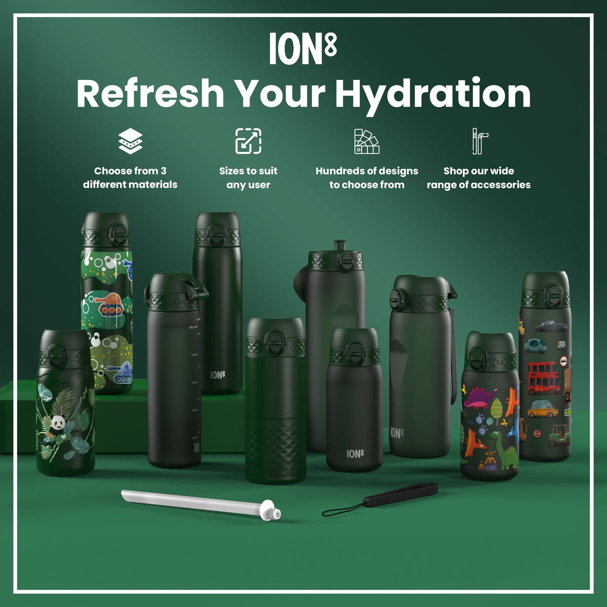 ION8 Leak Proof 1 Litre Water Bottle, Stainless Steel, Dark Green, 1L