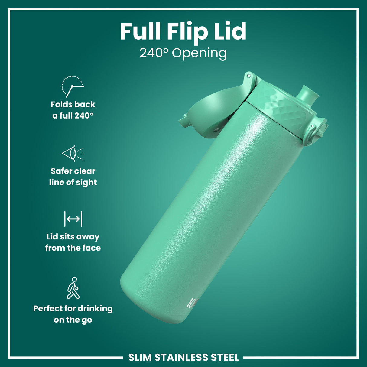 ION8 Steel Slim Leak Proof Water Bottle, Teal, 600ml