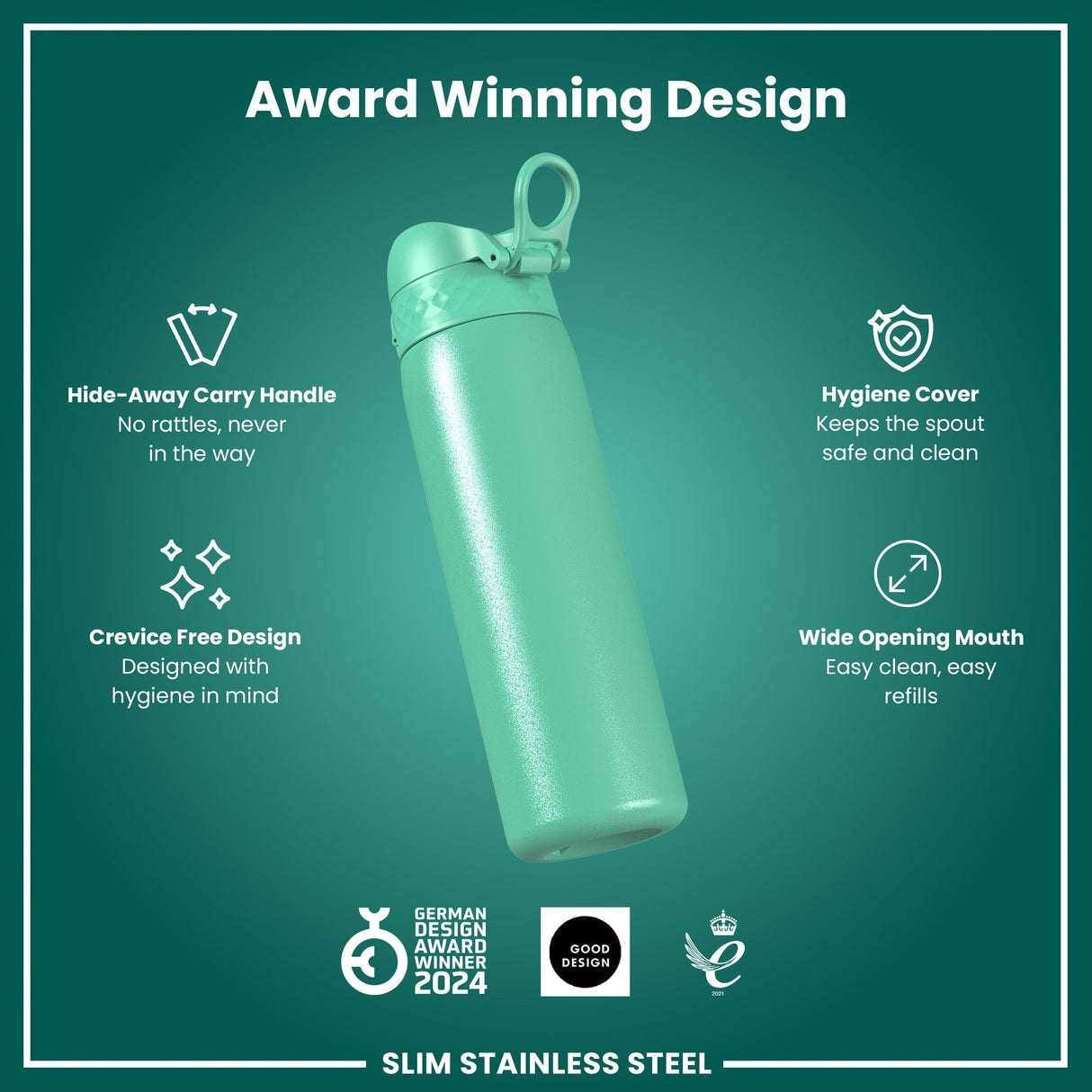 ION8 Steel Slim Leak Proof Water Bottle, Teal, 600ml