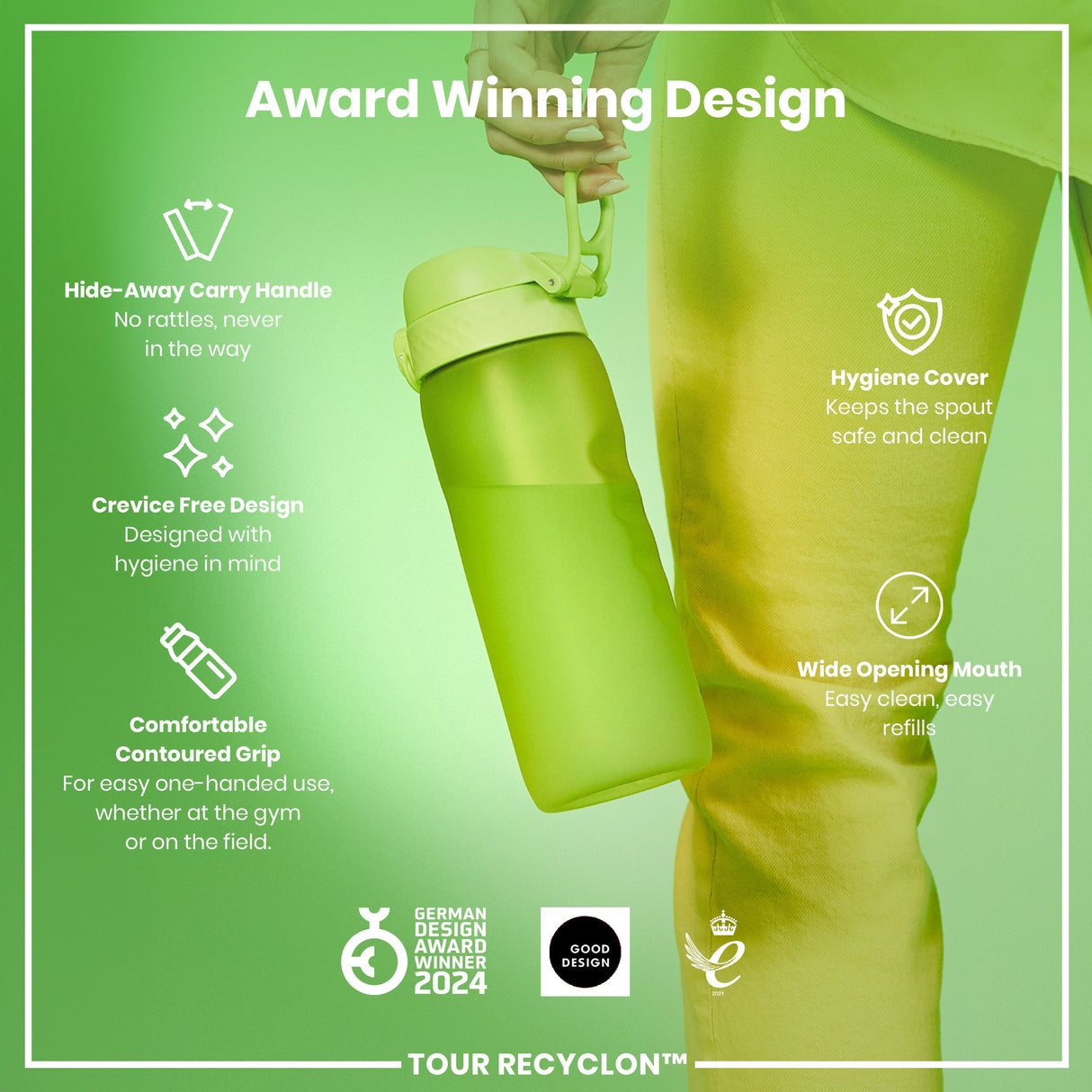 ION8 Recyclon Leak Proof Water Bottle, Green, 750ml