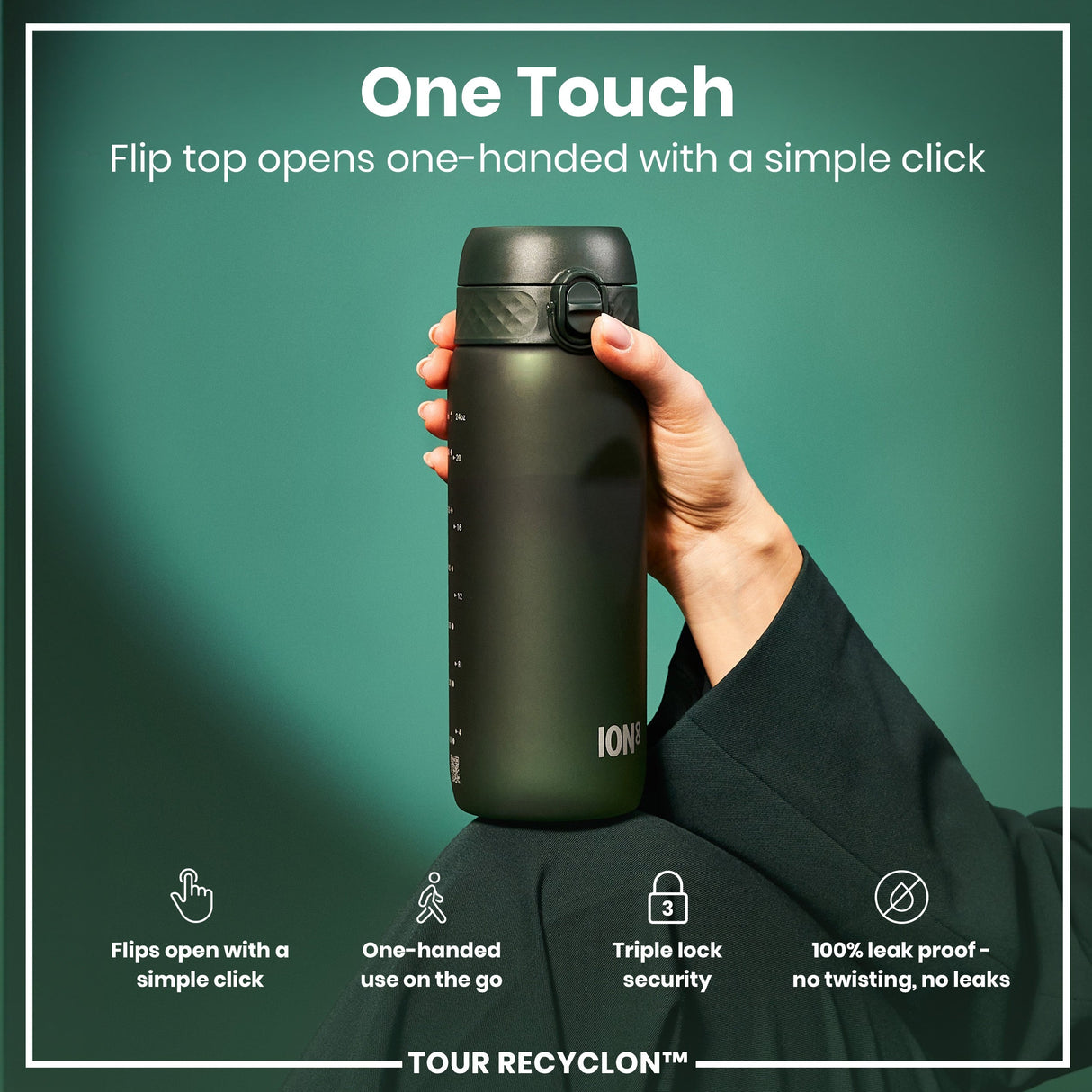 ION8 Recyclon Leak Proof Water Bottle, Dark Green, 750ml
