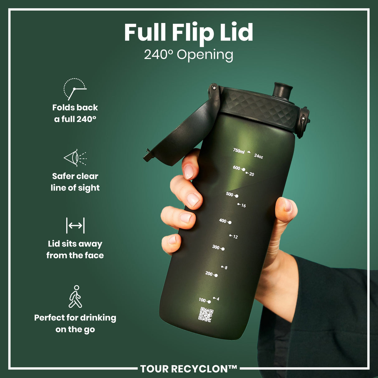 ION8 Recyclon Leak Proof Water Bottle, Dark Green, 750ml