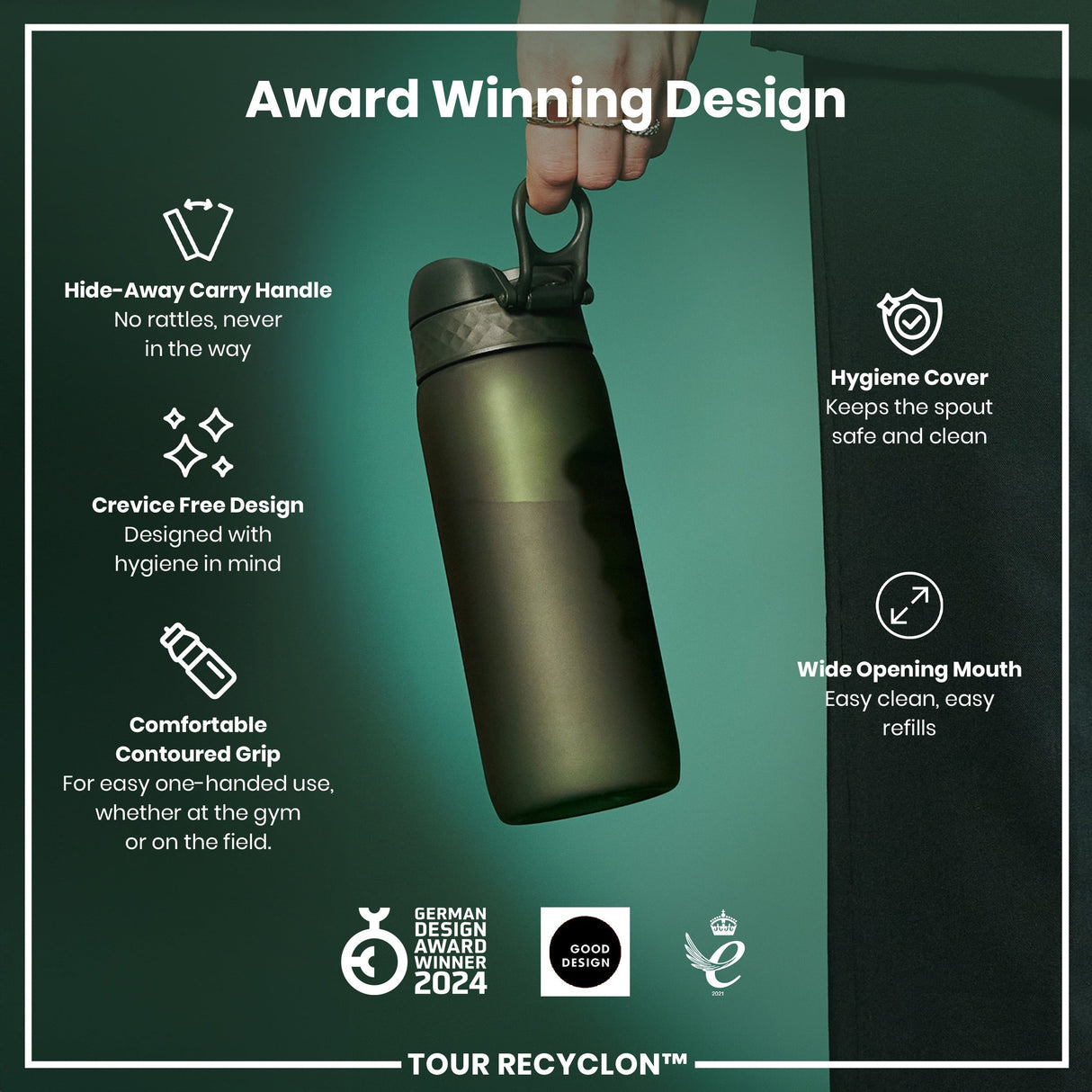 ION8 Recyclon Leak Proof Water Bottle, Dark Green, 750ml