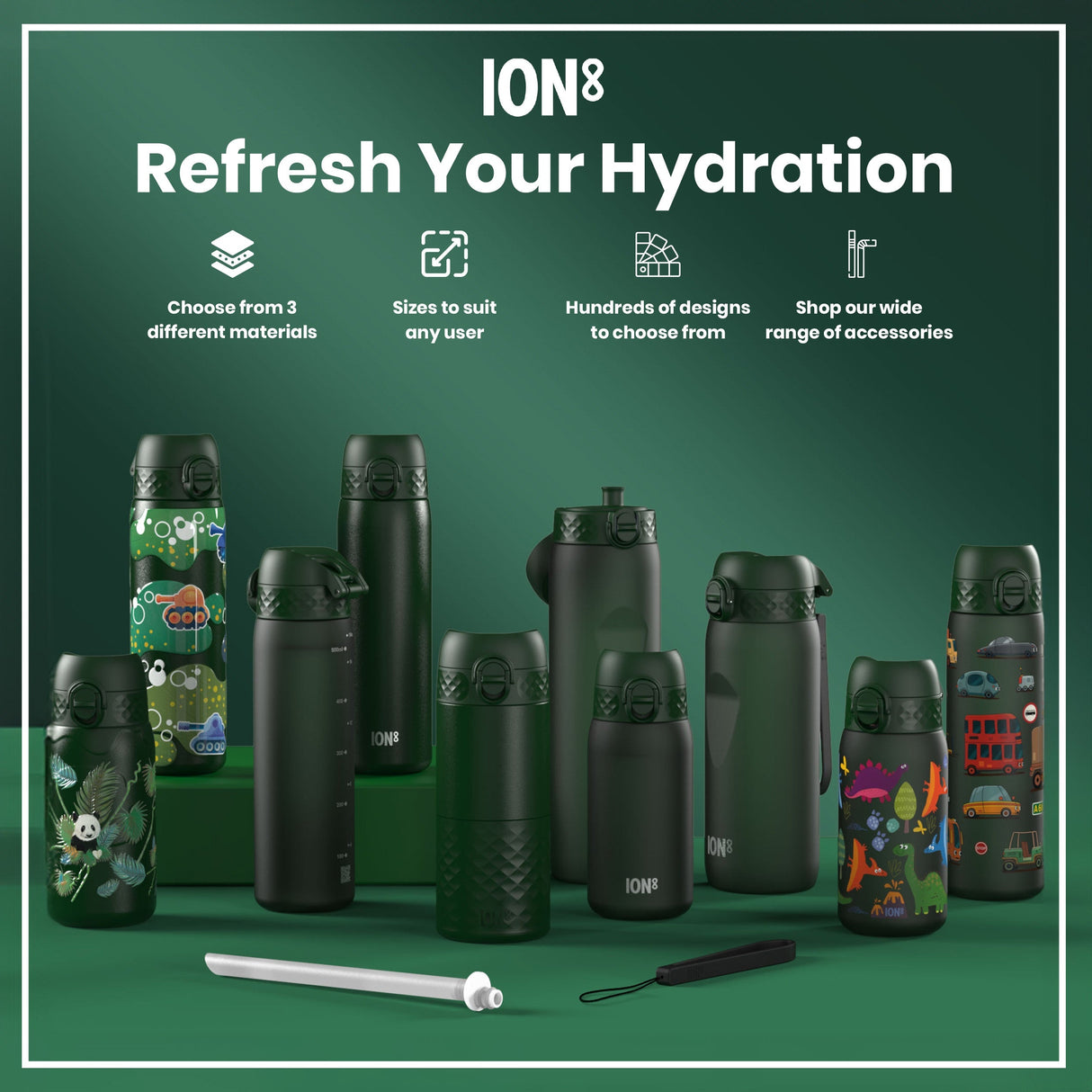 ION8 Recyclon Leak Proof Water Bottle, Dark Green, 750ml