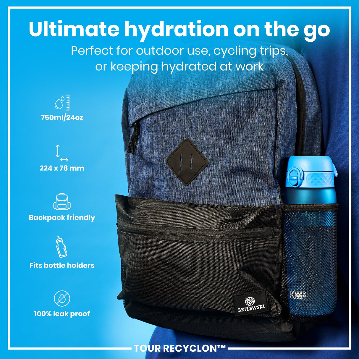 ION8 Recyclon Leak Proof Water Bottle, Blue, 750ml