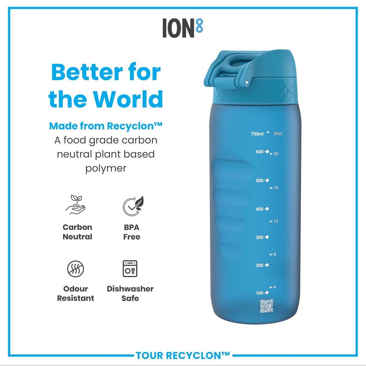 ION8 Recyclon Leak Proof Water Bottle, Blue, 750ml