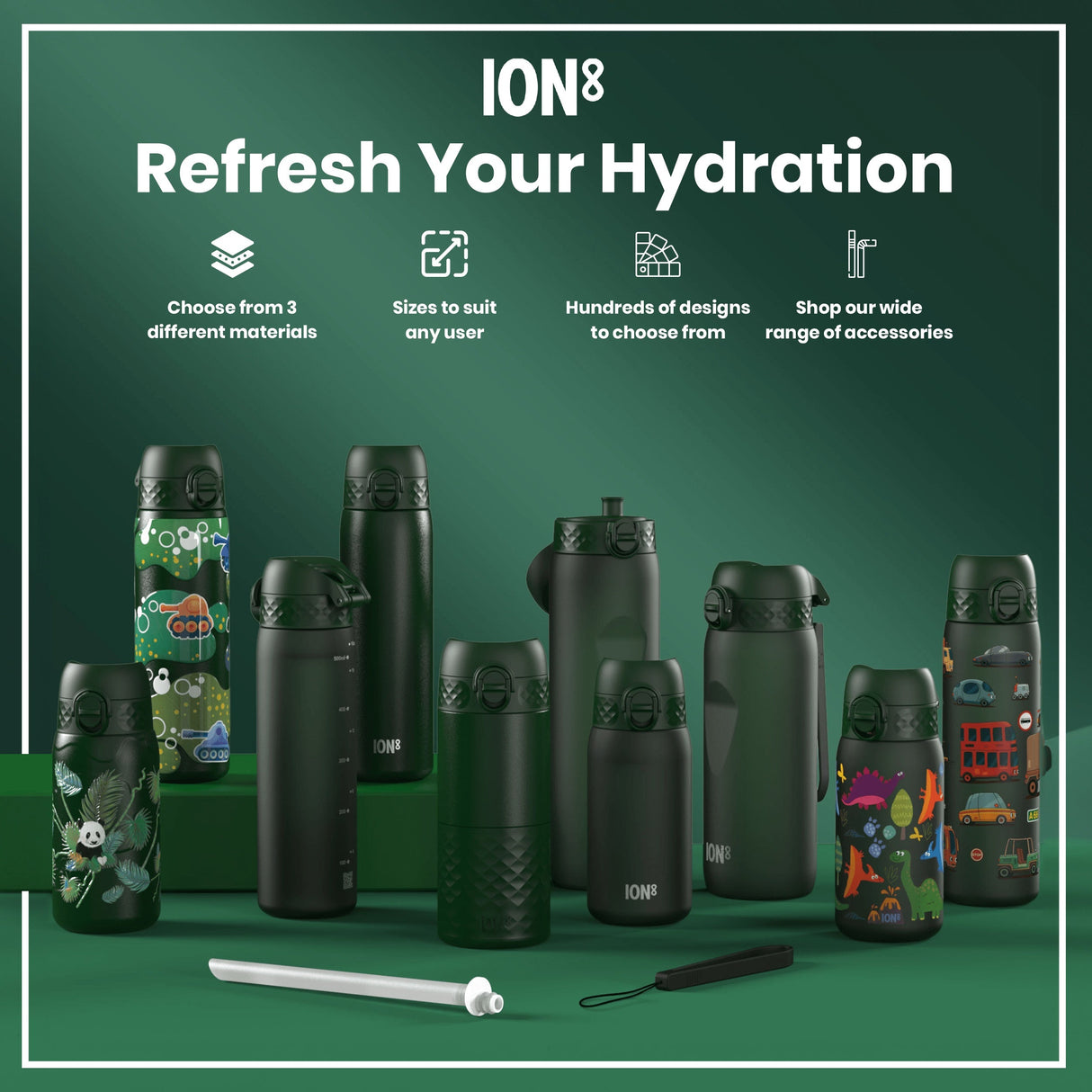 ION8 Recyclon Slim Leak Proof Water Bottle, Dark Green, 500ml