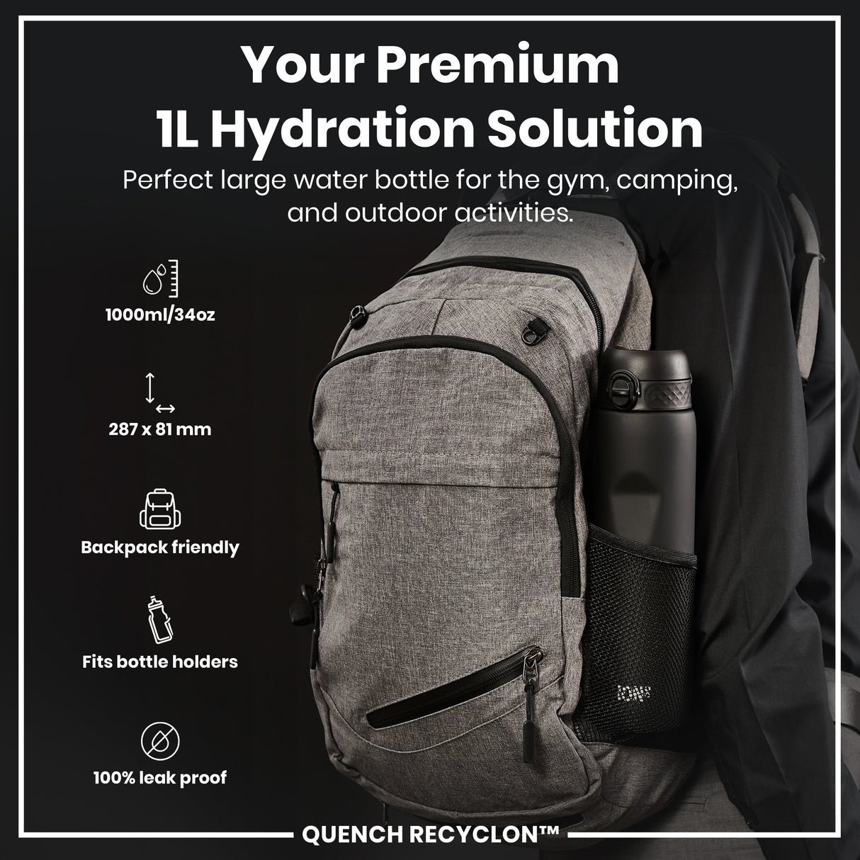 ION8 Recyclon Leak Proof Water Bottle, Black, 1L