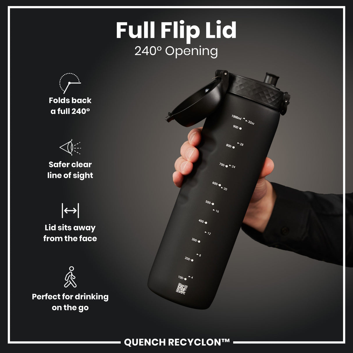 ION8 Recyclon Leak Proof Water Bottle, Black, 1L
