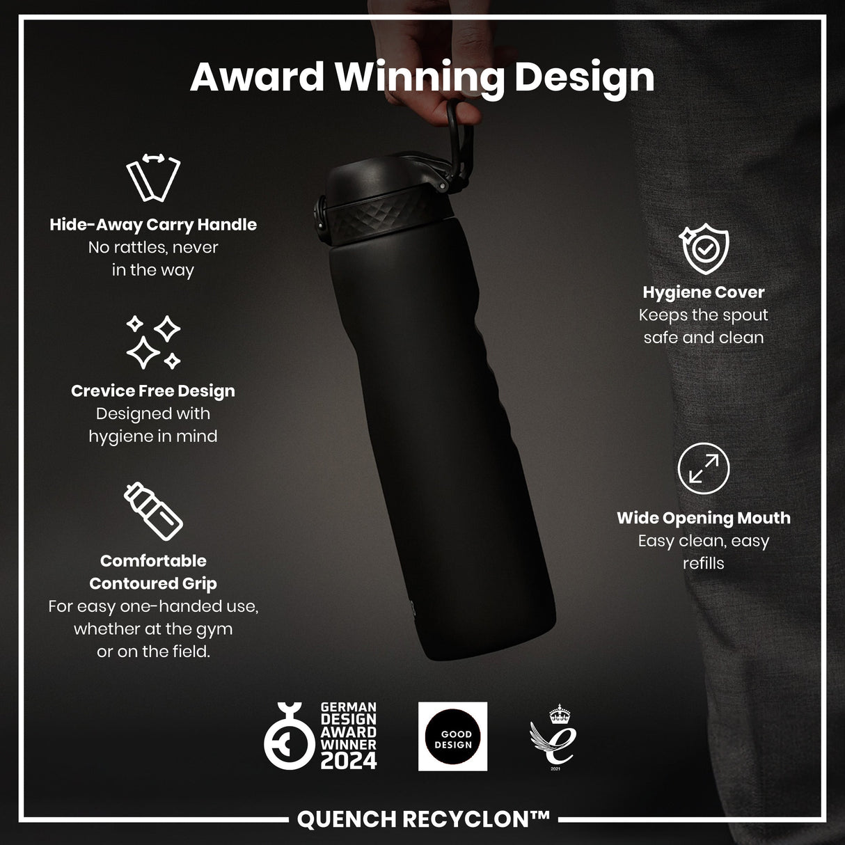ION8 Recyclon Leak Proof Water Bottle, Black, 1L