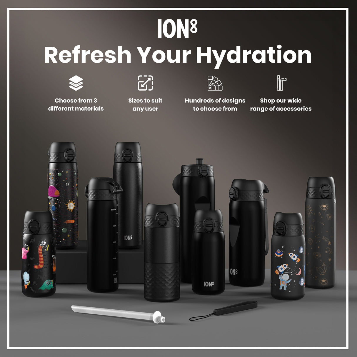 ION8 Recyclon Leak Proof Water Bottle, Black, 1L