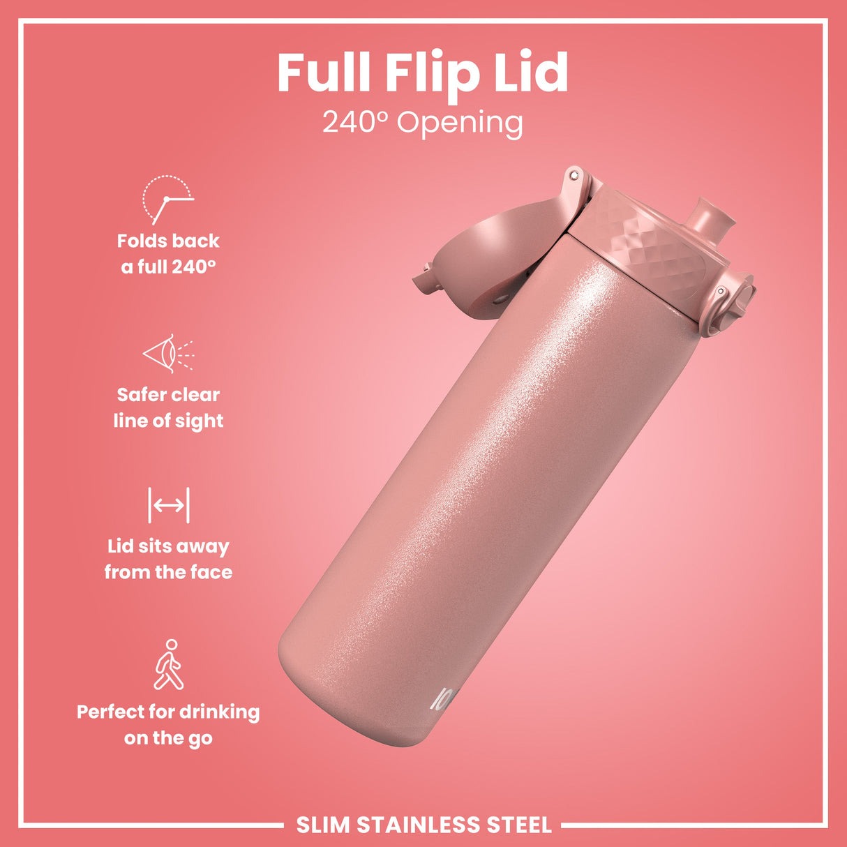 ION8 Steel Slim Leak Proof Water Bottle, Ash Rose, 600ml