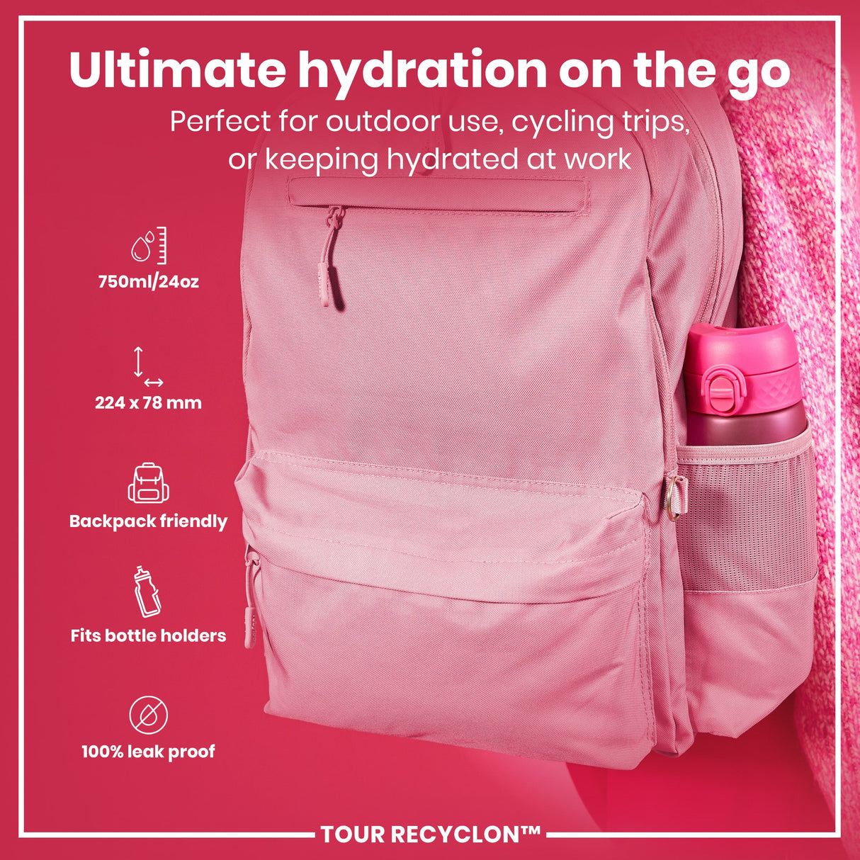 ION8 Recyclon Leak Proof Water Bottle, Pink, 750ml