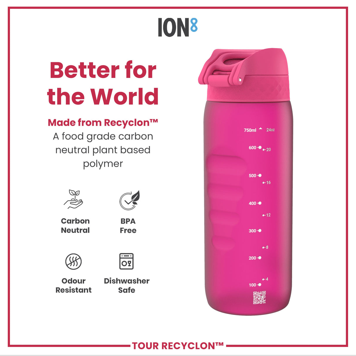 ION8 Recyclon Leak Proof Water Bottle, Pink, 750ml