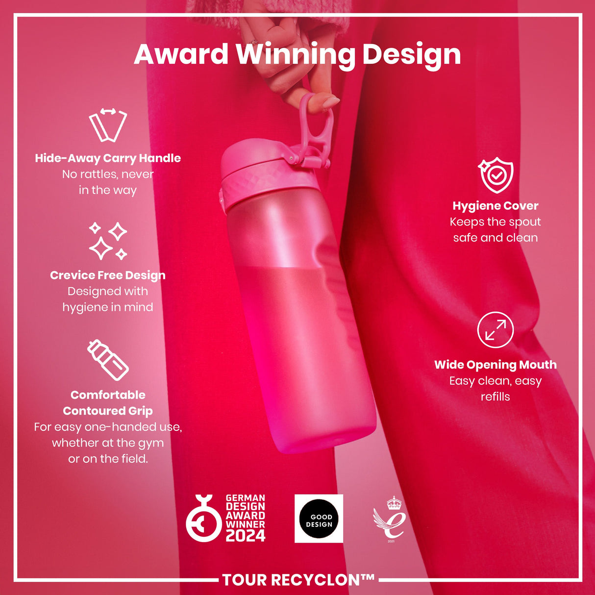 ION8 Recyclon Leak Proof Water Bottle, Pink, 750ml