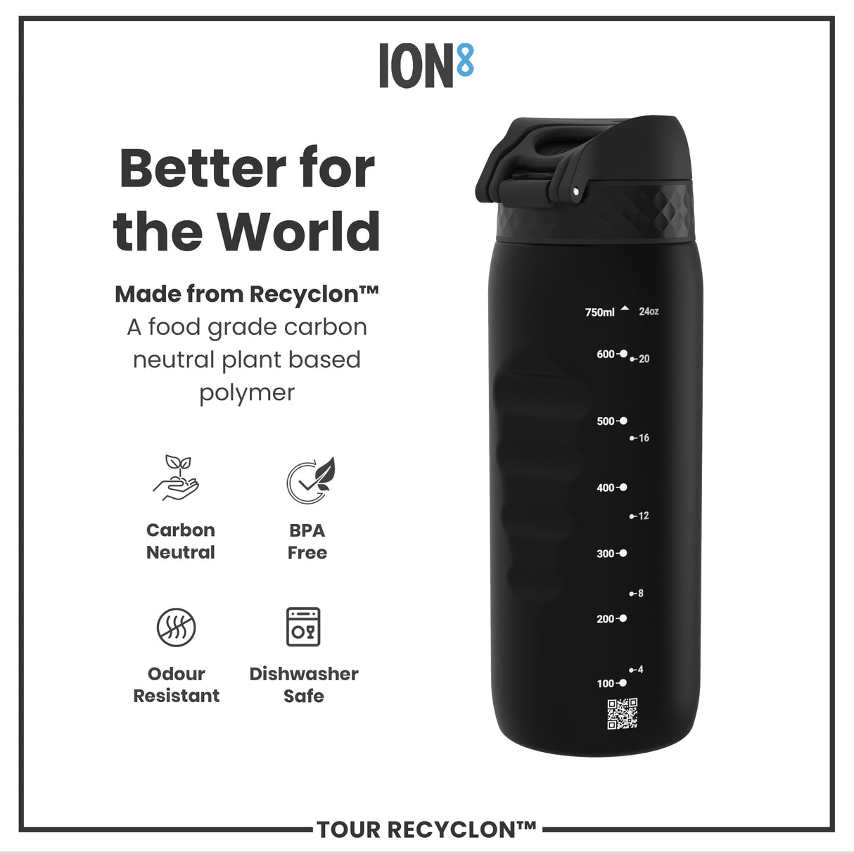 ION8 Recyclon Leak Proof Water Bottle, Black, 750ml