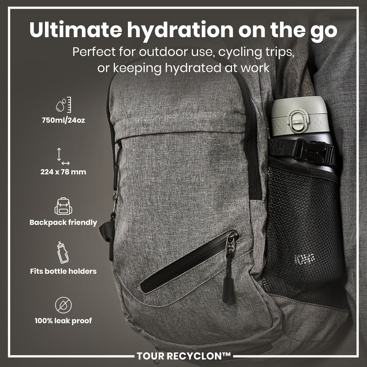 ION8 Recyclon Leak Proof Water Bottle, Grey, 750ml